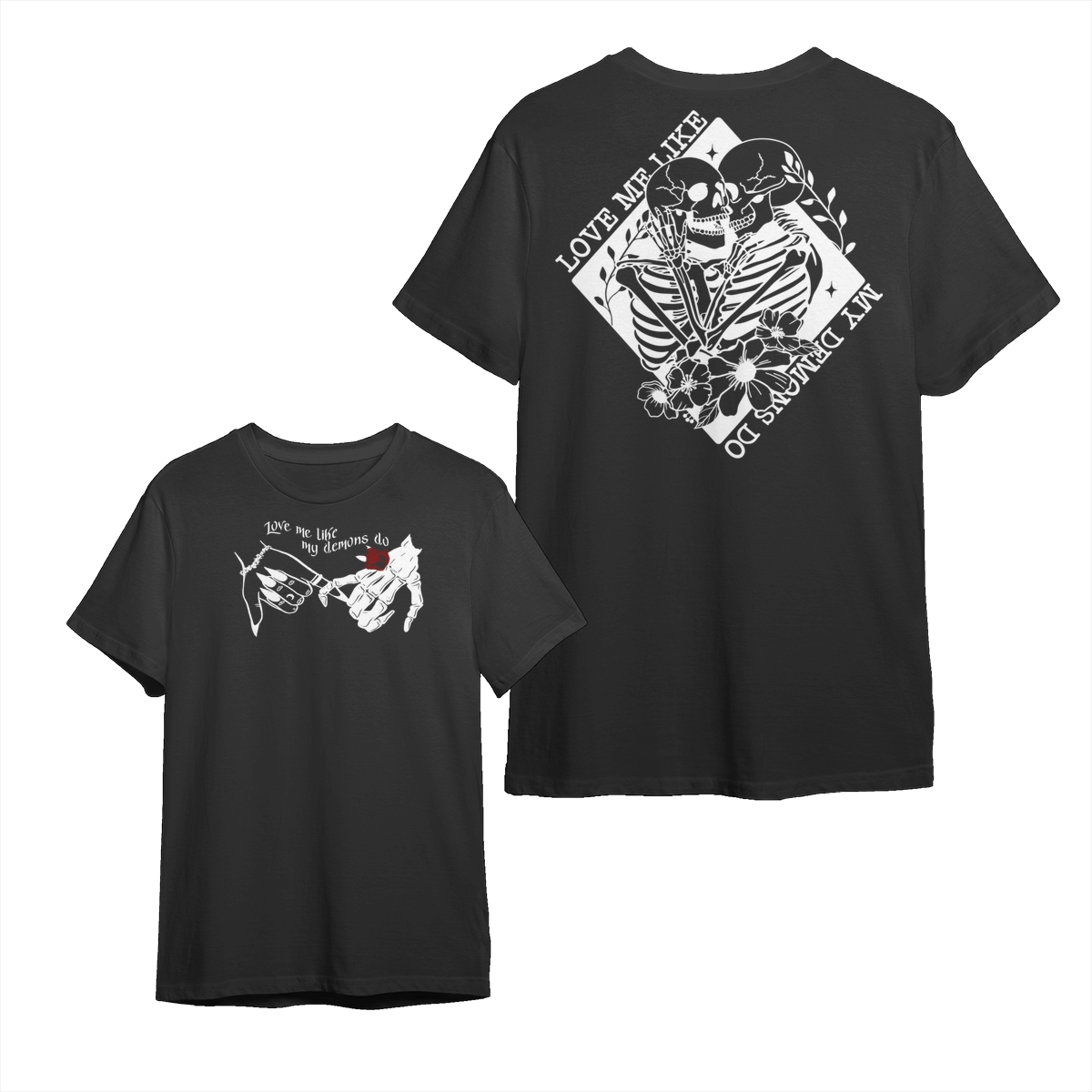 Love Me Like My Demons Do Shirt – Skeleton Kiss Graphic Tee, Dark Romance Aesthetic, Gothic Skeleton Couple Shirt, Emotional Art Tee, Men’s Graphic T-Shirt, Streetwear, Trendy World T-Shirt, Men’s and women’s gifts t shirts